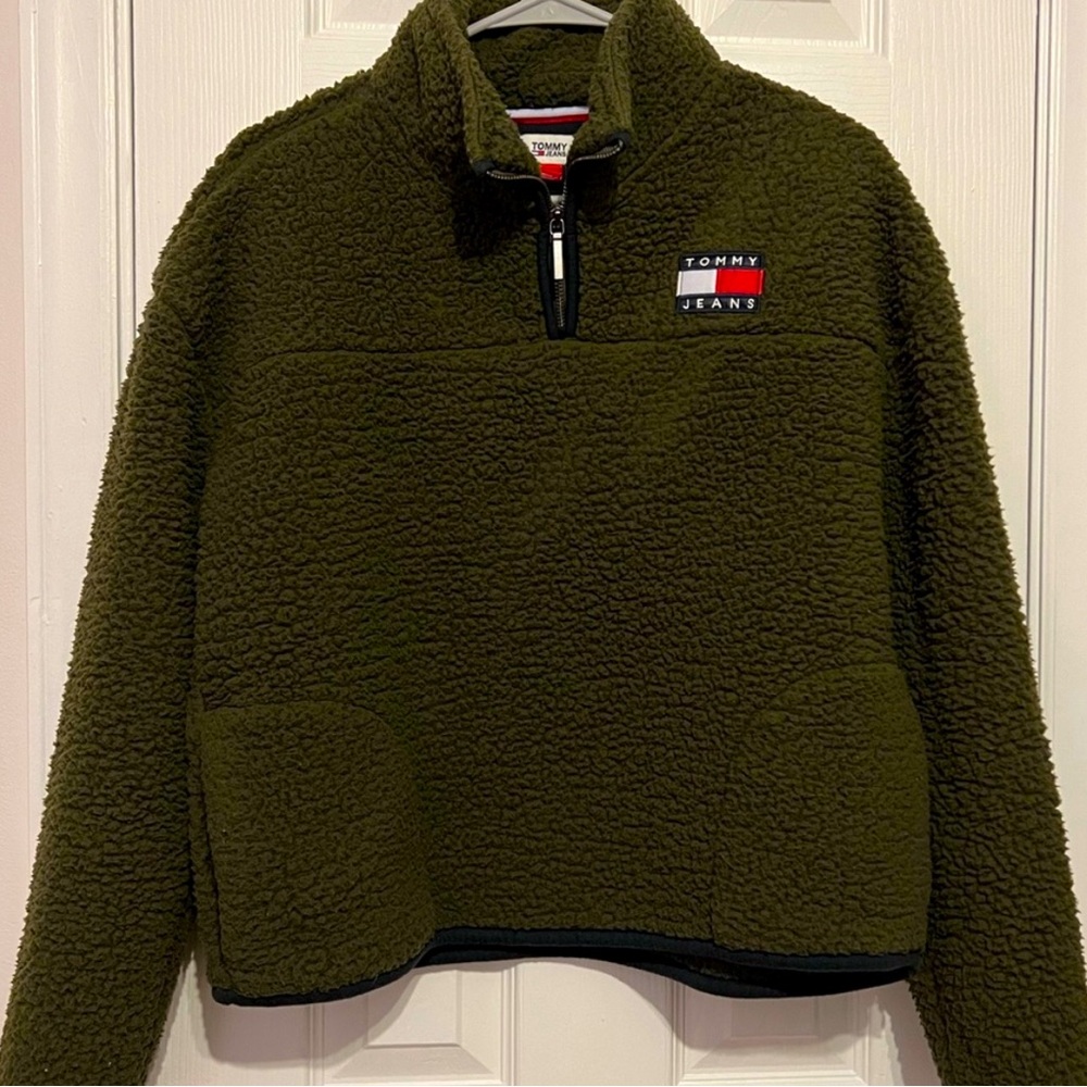 🌲 NWT Tommy Hilfiger Tommy Jeans Fleece Half Zip Sweater Green Fuzzy Half Zip🌲